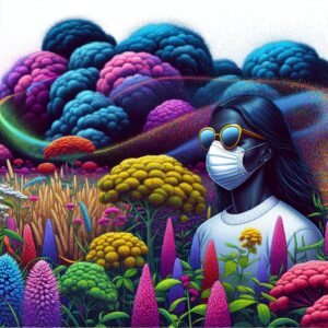 A vibrant image of a pollen cloud floating near a field of colorful flowers, with a person wearing a mask and sunglasses, highlighting protection against pollen allergies.