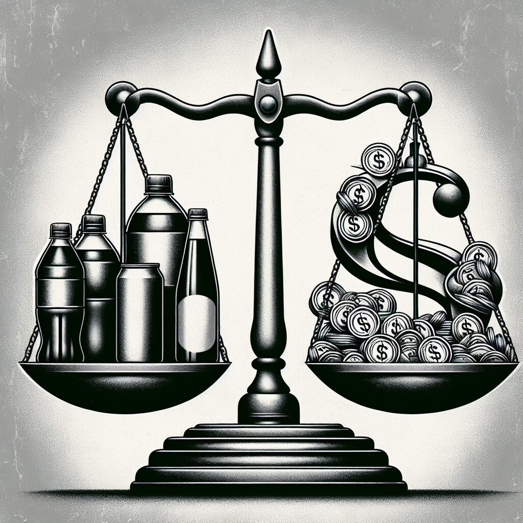 An illustrative image of sugary beverages being taxed heavily, showing symbols of money and scales balancing the tax burden. The image should portray a contrast between sugary drinks and the financial implications for the industry, with a somber and serious tone.