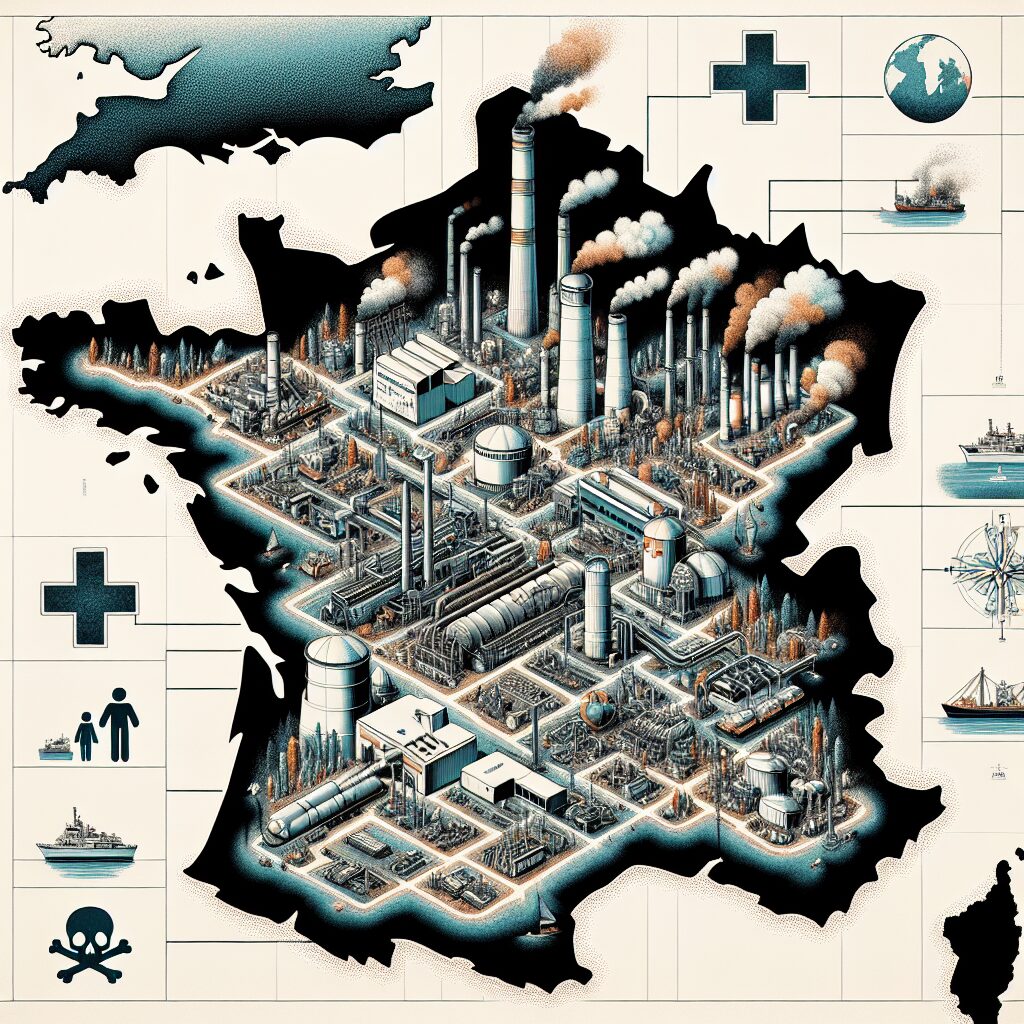 A detailed illustration showing an industrial region with factory smokestacks, nearby residential areas, and a team of researchers analyzing health data, symbolizing the interaction between industry and public health.