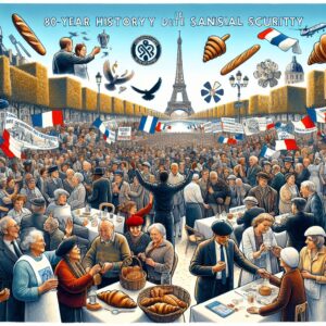 A historical and symbolic illustration of the French Social Security system highlighting its 80-year history, with imagery showcasing solidarity, protection, and societal progress, featuring iconic symbols of France.