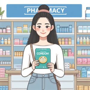 Illustration of a young person holding a box of "Éden Perlés" condoms in a pharmacy setting, symbolizing accessibility and health awareness.