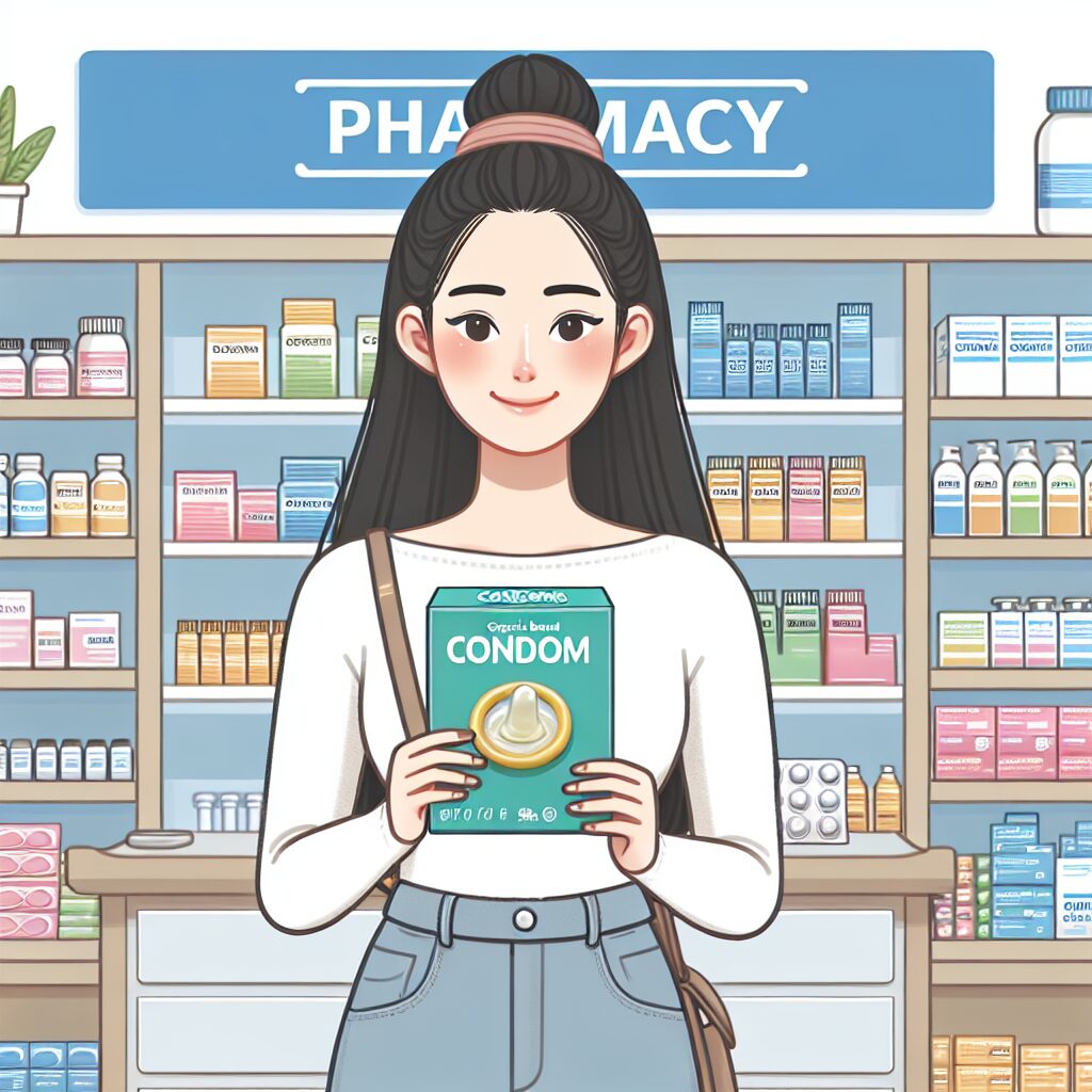 Illustration of a young person holding a box of "Éden Perlés" condoms in a pharmacy setting, symbolizing accessibility and health awareness.