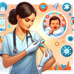 Illustration of a smiling infant being vaccinated by a healthcare professional, with a medical chart and colorful graphics depicting immunity and health protection.