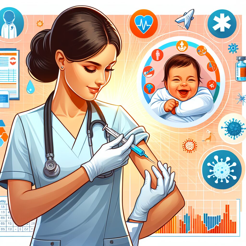 Illustration of a smiling infant being vaccinated by a healthcare professional, with a medical chart and colorful graphics depicting immunity and health protection.