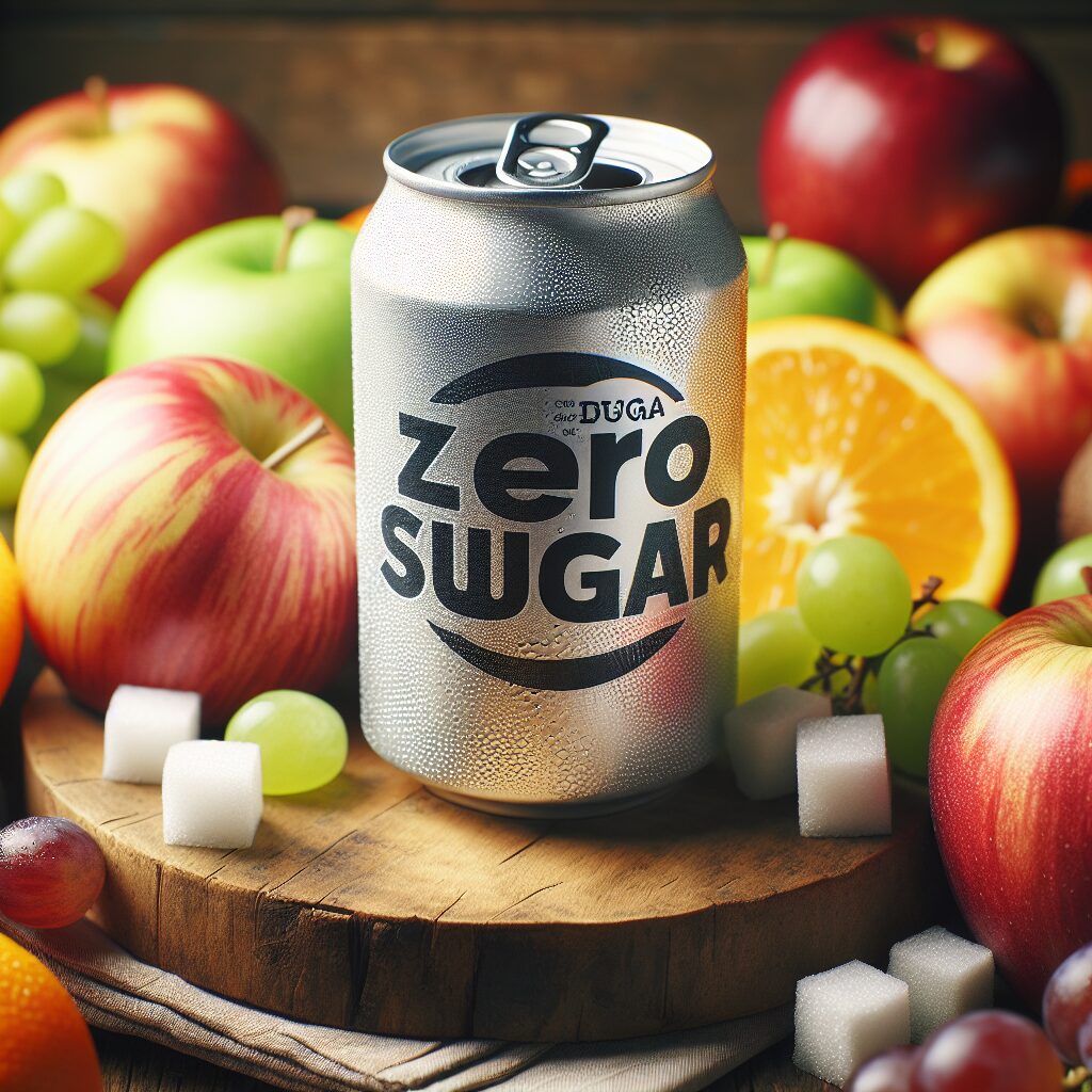 A close-up image of a sugar-free soda can, surrounded by various fruits, symbolizing a healthy alternative to sugary drinks. The focus should be on the soda can with 'zero sugar' clearly visible, set on a rustic wooden table.