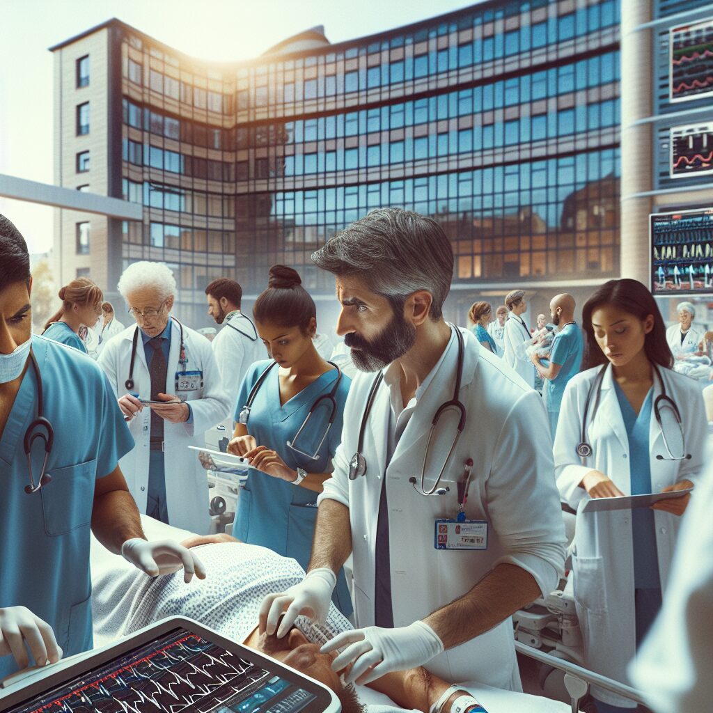 A hospital scene in Rennes with doctors tending to patients, highlighted by a focus on meningitis, showcasing the urgency and gravity of the situation, with the CHU Rennes in the background.