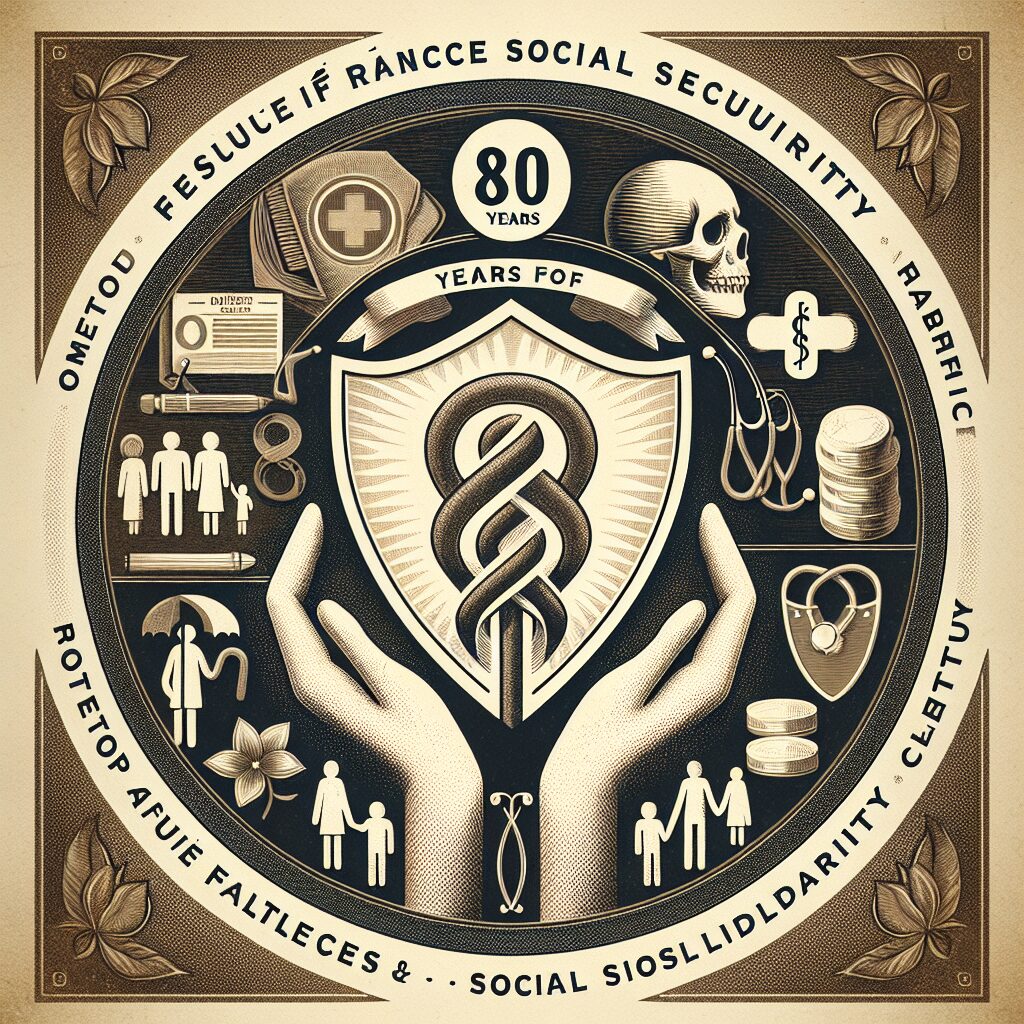 A commemorative image symbolizing 80 years of the French Social Security with elements like family protection, health care, and social solidarity represented visually.