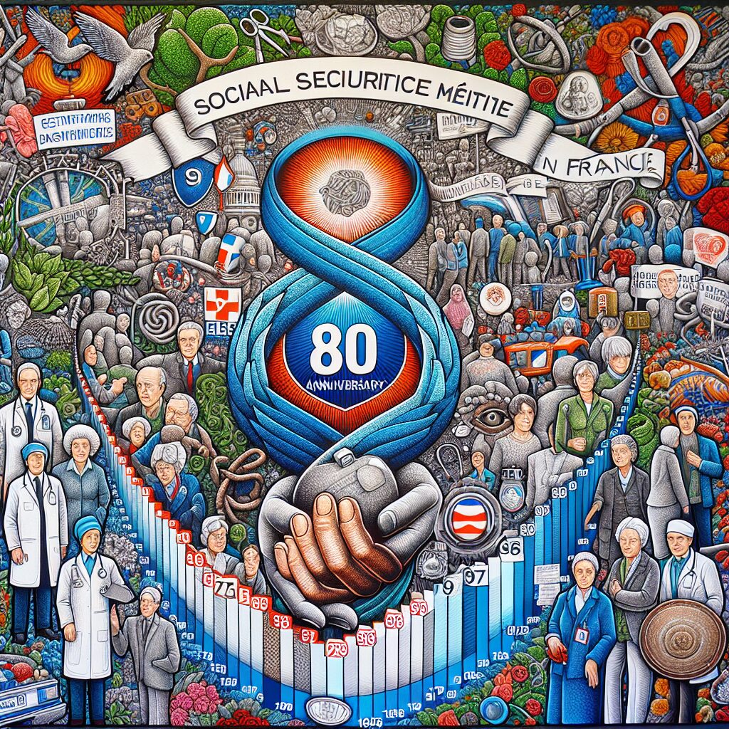 An image depicting the 80 years of social security in France, featuring symbolic elements such as healthcare, social support, and the evolution of society, reflecting a theme of unity and progress over the years.