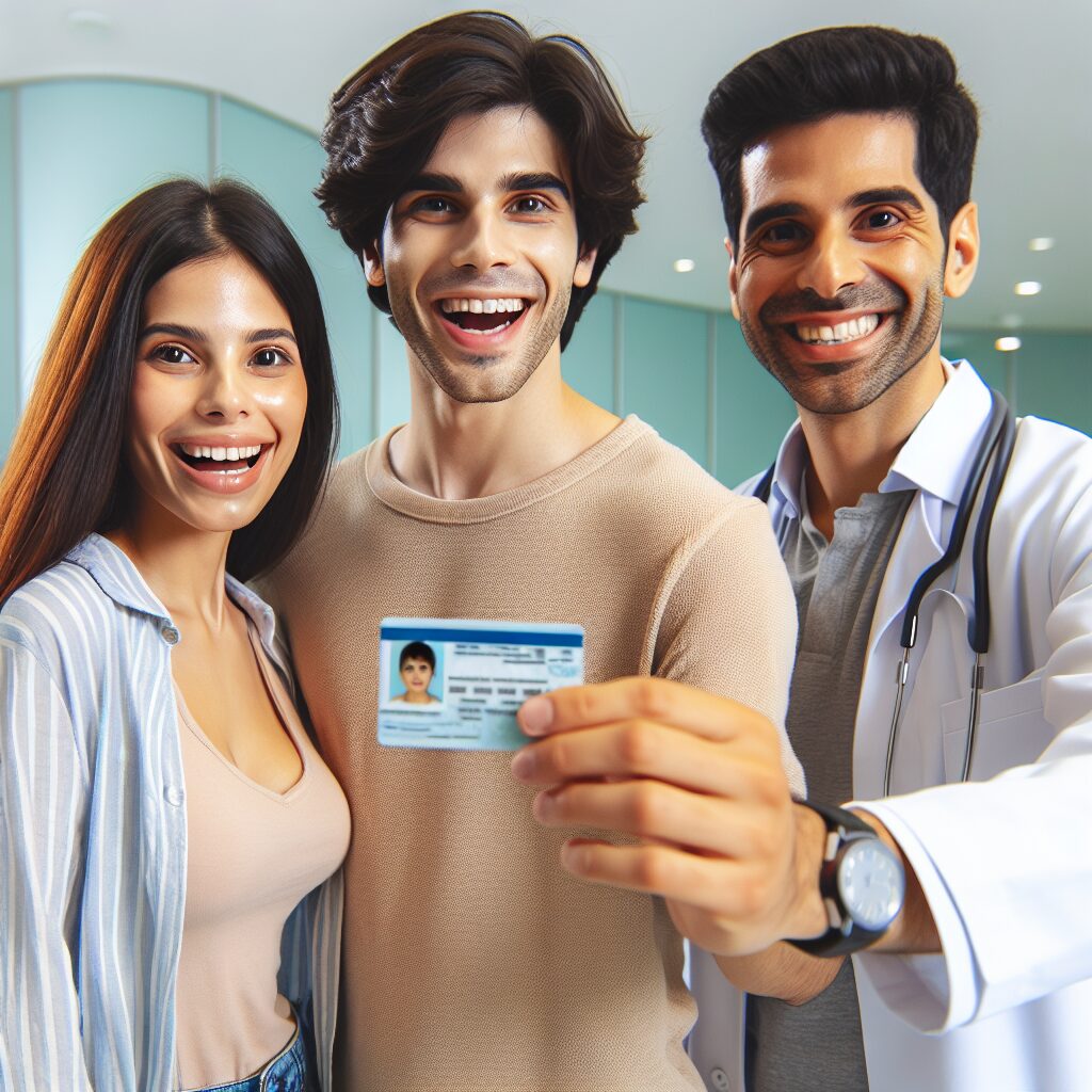 A family at a healthcare clinic, both parents holding their child's health card, looking relieved and happy. The setting should be modern and bright, symbolizing efficient healthcare processes.