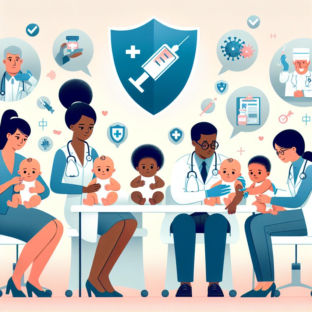 An informative and engaging illustration showing healthcare professionals administering vaccines to infants in a clinic setting, with symbolic representations of protection against meningococcal infections, in a modern and friendly style.