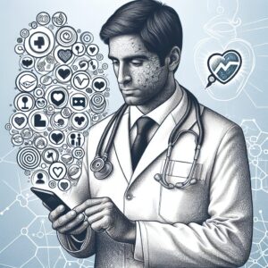 Illustration d'un médecin en blouse blanche, tenant un smartphone avec des icônes de réseaux sociaux autour, symbolisant la création de contenu médical responsable sur les plateformes numériques.