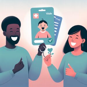 A digital illustration showing two parents happily linking a child's profile icon to two separate cards representing the French health insurance card Vitale. The background should feature soft hues symbolizing ease and efficiency, and the parents should exude a sense of relief and convenience.