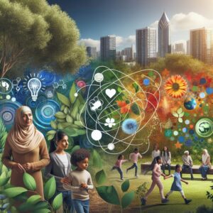 A diverse and lush natural landscape illustrating the connection between nature and human health; featuring elements like people enjoying urban green spaces, children interacting with nature in educational settings, and scientific symbols representing health benefits.