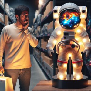 A lamp in the shape of an astronaut projecting galaxies, displaying a warning symbol. The background is a store environment with a concerned shopper returning the lamp. The lighting is dramatic to emphasize urgency.