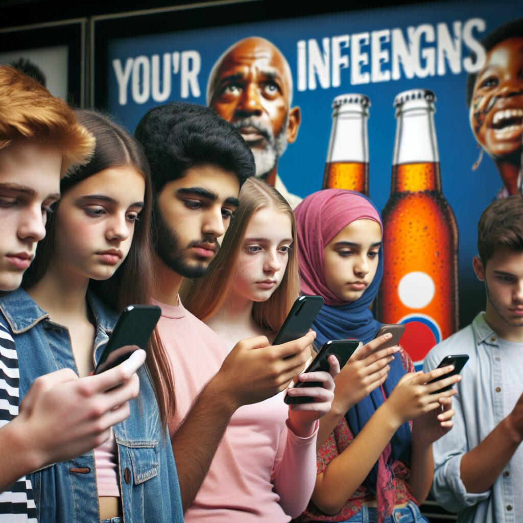 Des adolescents regardant leurs smartphones avec une publicité pour une boisson alcoolique en arrière-plan, mettant en évidence l'influence des réseaux sociaux sur les jeunes.