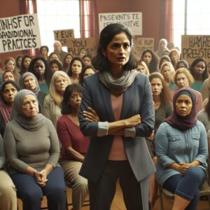 A powerful image showing a determined woman speaking to a group, symbolizing the fight against female genital mutilation, set in a community center with diverse women listening attentively. The atmosphere is supportive and hopeful.