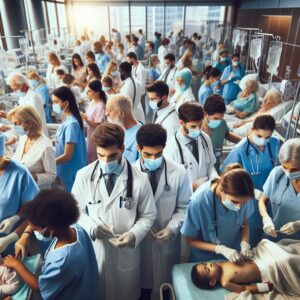 A bustling city hospital emergency ward with doctors and nurses attending to patients of all ages, featuring prominently children and elderly, masks on faces, in a busy, healthcare environment.