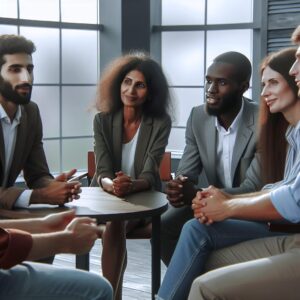 A diverse and multicultural group of employees in an office setting, engaged in a supportive discussion, with expressions of empathy and understanding. The atmosphere is calm and positive, reflecting a sense of psychological safety.