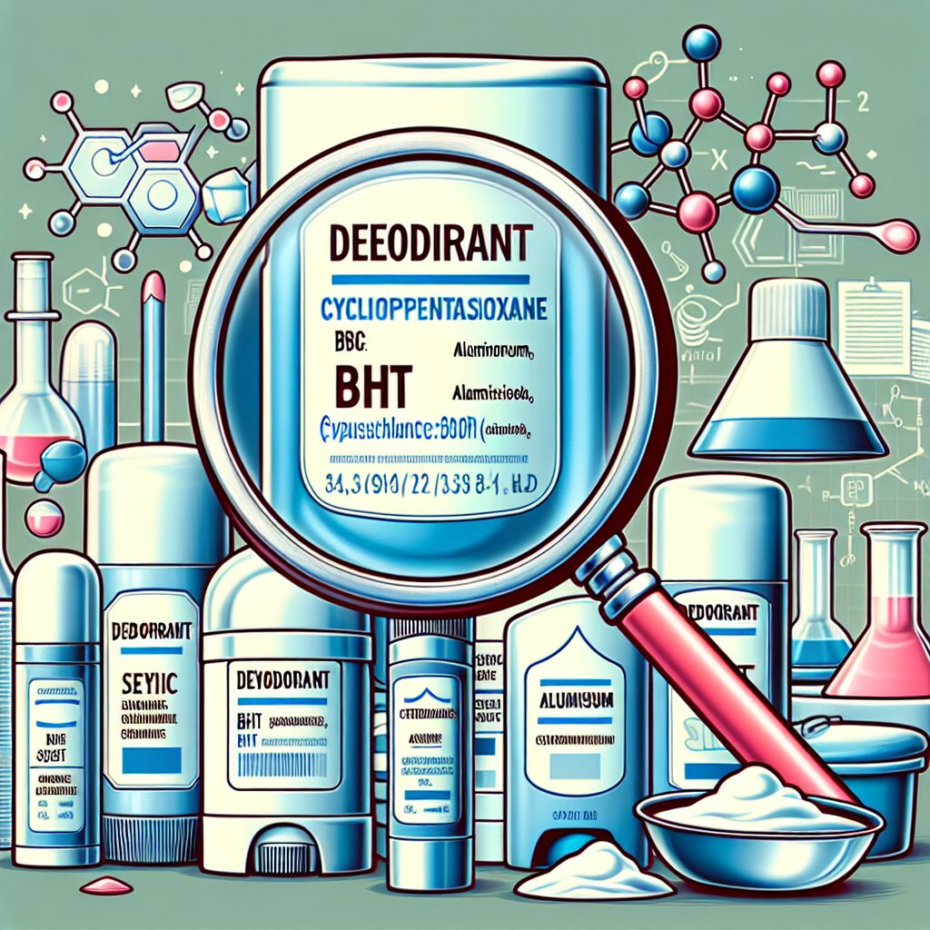 An illustration showing various deodorant products with ingredients like Cyclopentasiloxane, aluminum, and BHT highlighted, depicting concern with a backdrop of a magnifying glass and scientific studies.