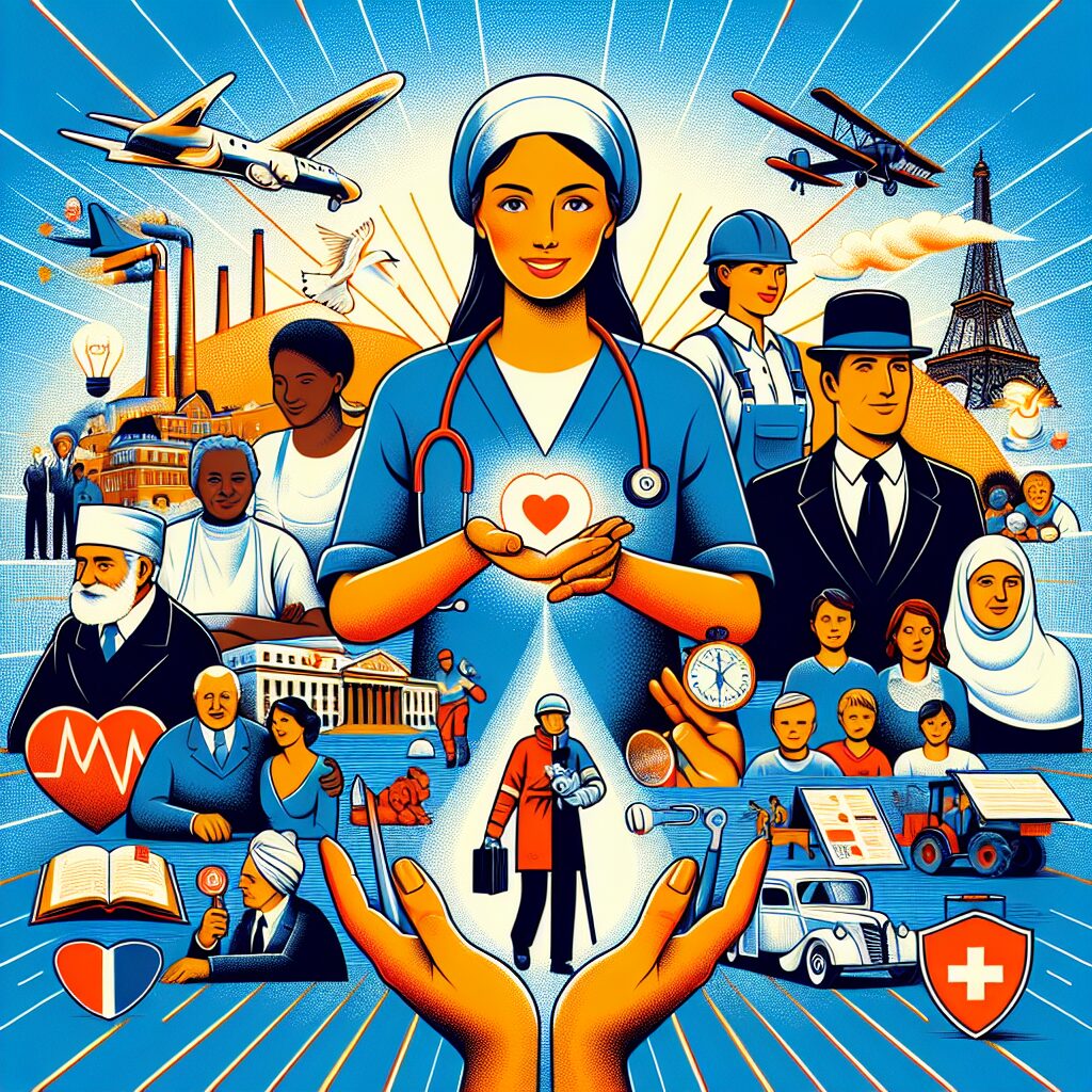 A historic and symbolic representation of the French Social Security, showcasing its evolution over 80 years. Include elements like family protection, healthcare, and workers' safety in a vibrant and hopeful visual style.