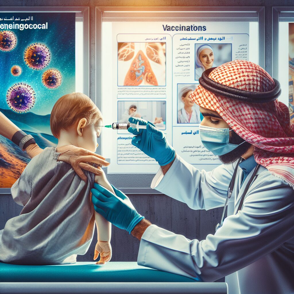 A healthcare professional administering a vaccine to a serene infant in a modern medical clinic, symbolizing protection against meningococcal infections, with a colorful, educational poster about vaccinations on the wall, realistic style