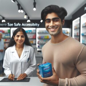 A striking image of a modern pharmacy with a young person holding a box of "Éden Perlés" condoms with a smiling pharmacist in the background, under bright lighting and with a focus on health and accessibility.