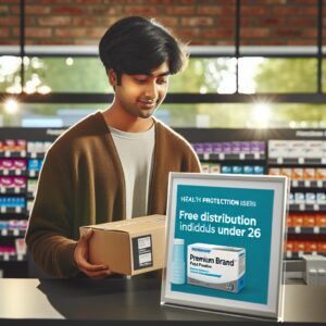 A young person picking up a box of Éden Perlés condoms at a pharmacy counter, with a sign indicating free distribution for under 26. The setting should be modern and bright, emphasizing accessibility and youth-friendly healthcare.