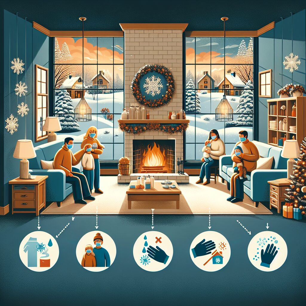 A cozy winter scene with a family practicing winter health precautions: wearing masks, washing hands, and a well-ventilated living room, with a warm ambience and snow visible through a window, illustrating health practices for the winter season.