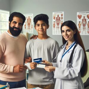 A confident family visiting a doctor, with both parents holding their Vitale cards, showing a seamless medical reimbursement process.