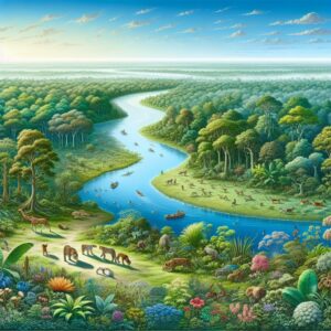 A serene natural landscape depicting a lush green forest with a river flowing gently through it, symbolizing the interconnectedness of nature and human health. The scene is peaceful, with diverse flora and fauna, under a bright blue sky.