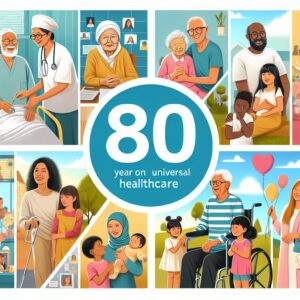 An artistic illustration celebrating 80 years of French Social Security, showing diverse people of different ages and backgrounds benefiting from its services, set in a vibrant and hopeful scene.