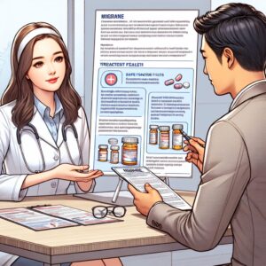 A medical theme image showing a female patient consulting with a healthcare professional about migraine treatment, with a focus on medication safety and awareness.