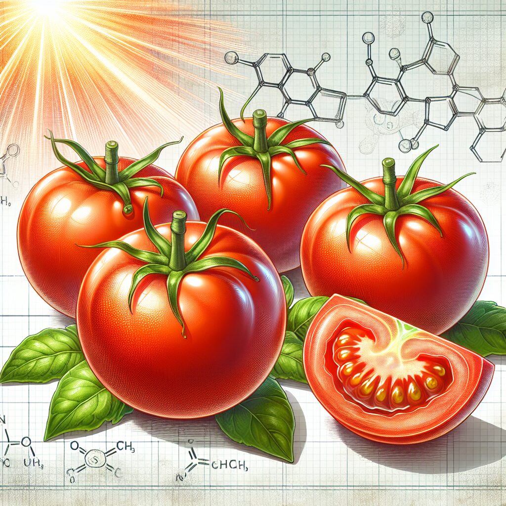 A vibrant and detailed illustration of ripe tomatoes with a scientific backdrop, emphasizing health benefits and mental wellness, bright colors, realistic style.