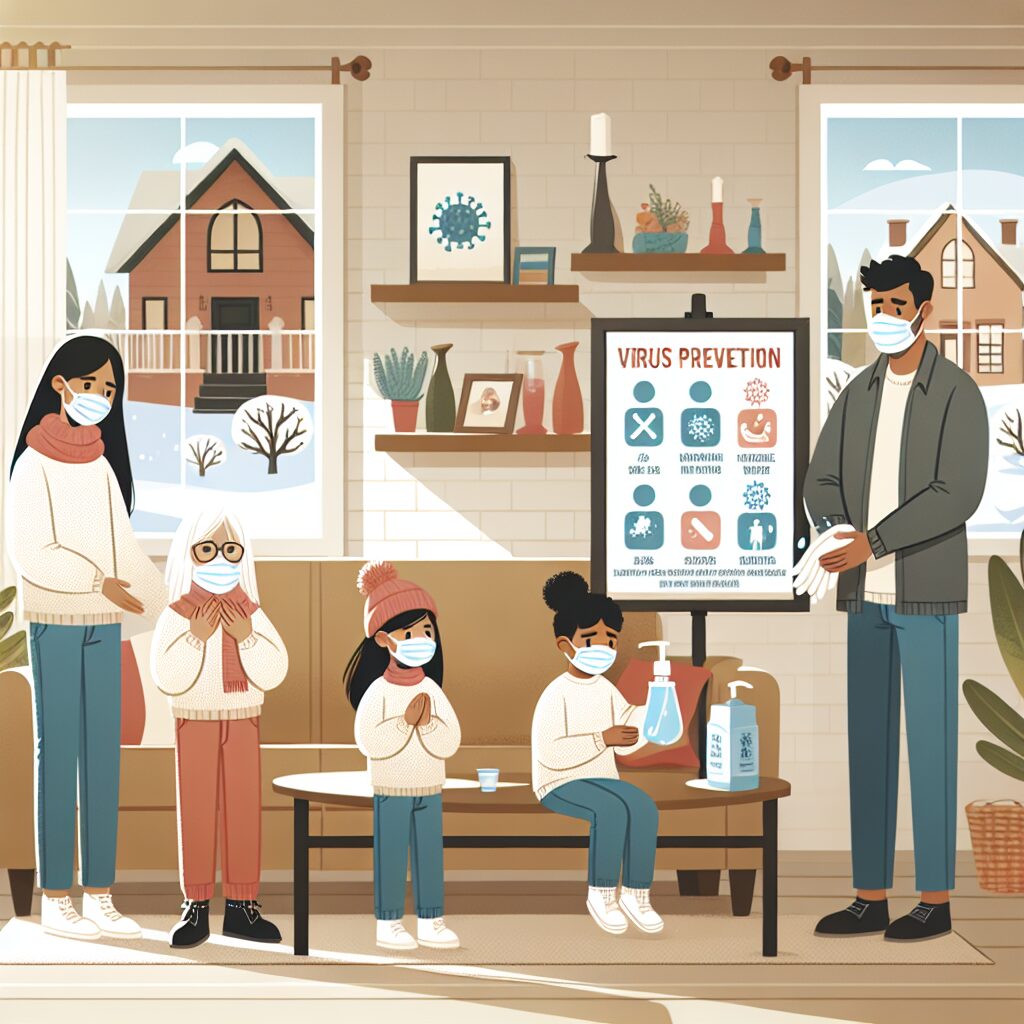 A cozy winter scene with people wearing masks, washing hands, and a beautifully illustrated infographic of virus prevention tips, depicting a family in a warm living room with open windows for ventilation.