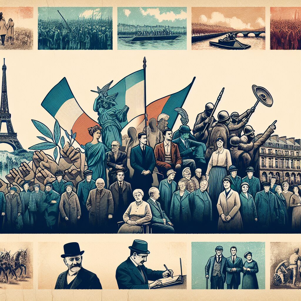 Illustration d'un collage historique montrant l'évolution de la Sécurité sociale en France, avec des images représentant des moments clés de son histoire, des symboles de solidarité et de protection sociale, le tout dans un style vintage et nostalgique.