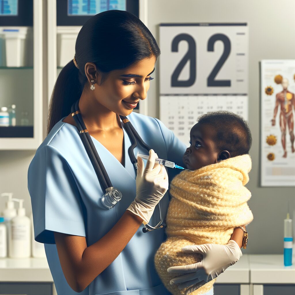 An image depicting a healthcare professional administering a vaccine to an infant, with a background showing a doctor’s office setting, illustrating the theme of vaccination for disease prevention in children for the year 2025.