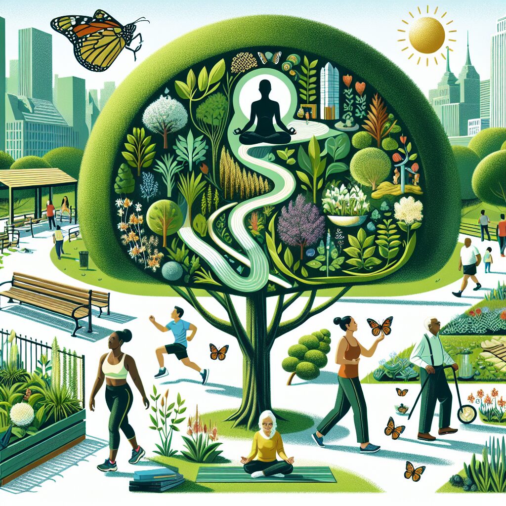 A serene landscape illustrating the concept of biodiversity and health, depicting a lush green park with diverse plant species and people engaging in mental and physical activities, embodying harmony with nature.