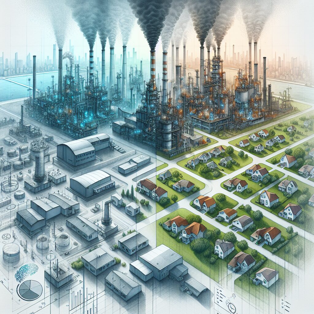 Illustration showing an industrial area juxtaposed with nearby residential zones, highlighting themes of health surveillance, pollution, and environment. Include industrial factories, emissions, and a community of houses, with an air of scientific inquiry and data analysis.