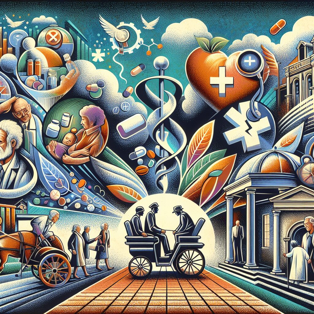 A historical yet modern depiction of the social security system celebrating its 80th anniversary in France, showing elements of healthcare, retirement, family support, and societal protection, with a blend of past and present themes.