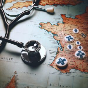 A solemn and respectful image of a medical stethoscope next to a French map showing the regions of Occitanie and Brittany, with symbolic icons representing meningitis awareness.