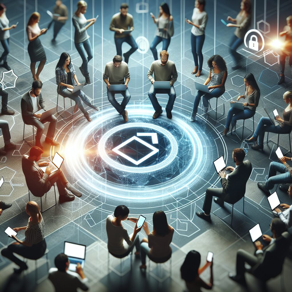 A dynamic image depicting a diverse group of people using smartphones and laptops with the Améli logo, set in a modern, digital environment symbolizing user-friendly and secure online services.