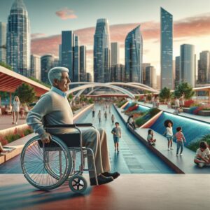 A person in a wheelchair navigating through a vibrant cityscape, illustrating accessibility and freedom, with a backdrop of modern, inclusive architecture.