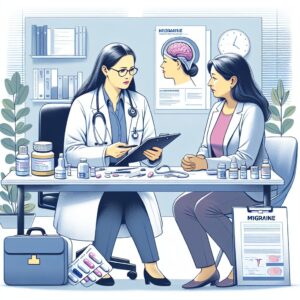 A medical consultation scene illustrating a doctor prescribing medication for migraine treatment, with a focus on women's healthcare. The doctor and patient are engaged in a serious discussion, surrounded by medical tools and informational brochures.