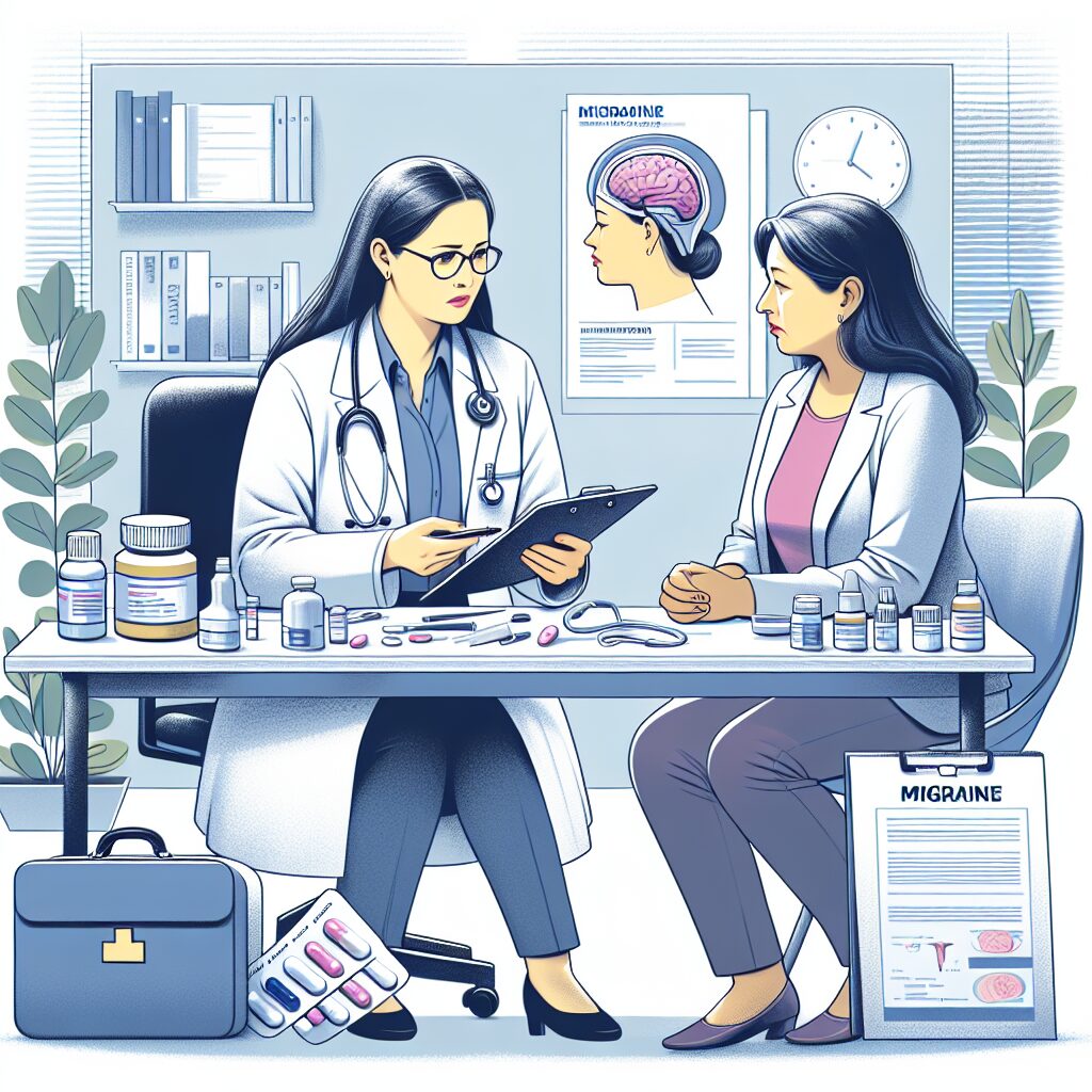 A medical consultation scene illustrating a doctor prescribing medication for migraine treatment, with a focus on women's healthcare. The doctor and patient are engaged in a serious discussion, surrounded by medical tools and informational brochures.