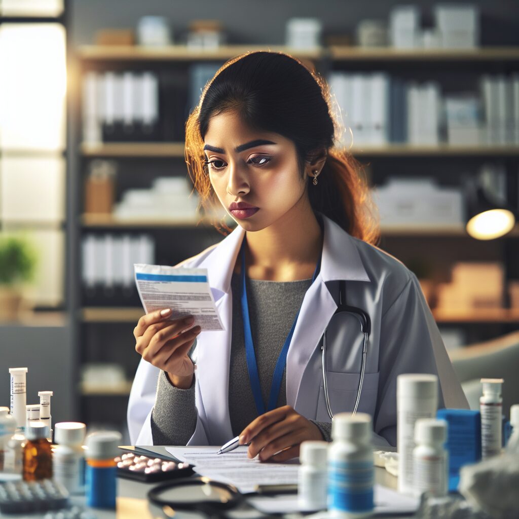 A health professional reviewing a prescription for antidiabetic medication with a concerned look, surrounded by medical tools and documents, in a doctor's office setting.