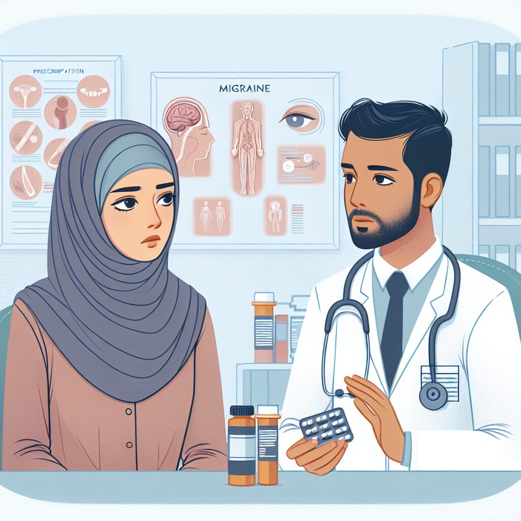 Illustration showing a concerned female patient discussing medication with a doctor in a medical office setting, focusing on migraine treatment and prescription medicine, with a backdrop of medical charts and diagrams.