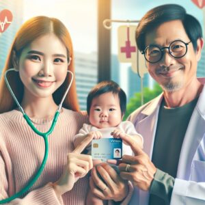 A drawing of two parents holding a Vital Card (Carte Vitale), symbolizing the connection of their child to both cards. The image should have medical symbols like a stethoscope and a hospital in the background, illustrating healthcare and family togetherness.