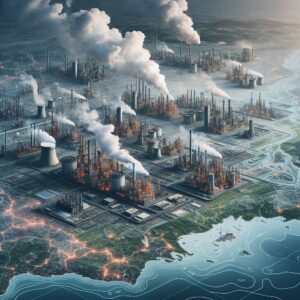 An industrial landscape in France, showing various factories and plants emitting smoke, set against a map highlighting different industrial basins in 2024, with a focus on health and environmental impact.