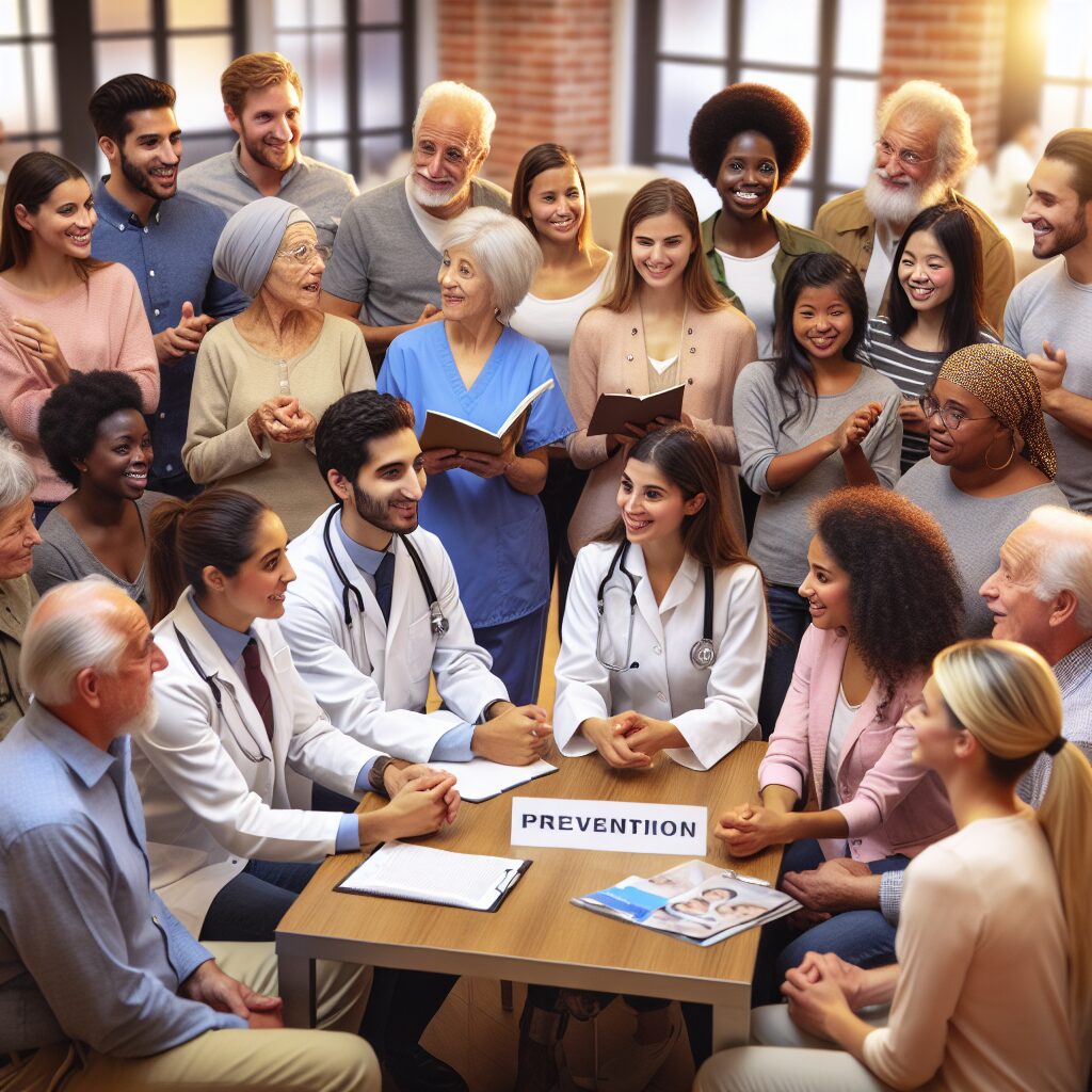 A diverse group of healthcare professionals discussing prevention tools with people from vulnerable communities in a supportive and engaging setting. Illustrate communication and outreach towards various ages and backgrounds, with a focus on accessibility and inclusion, set in a modern clinic environment.