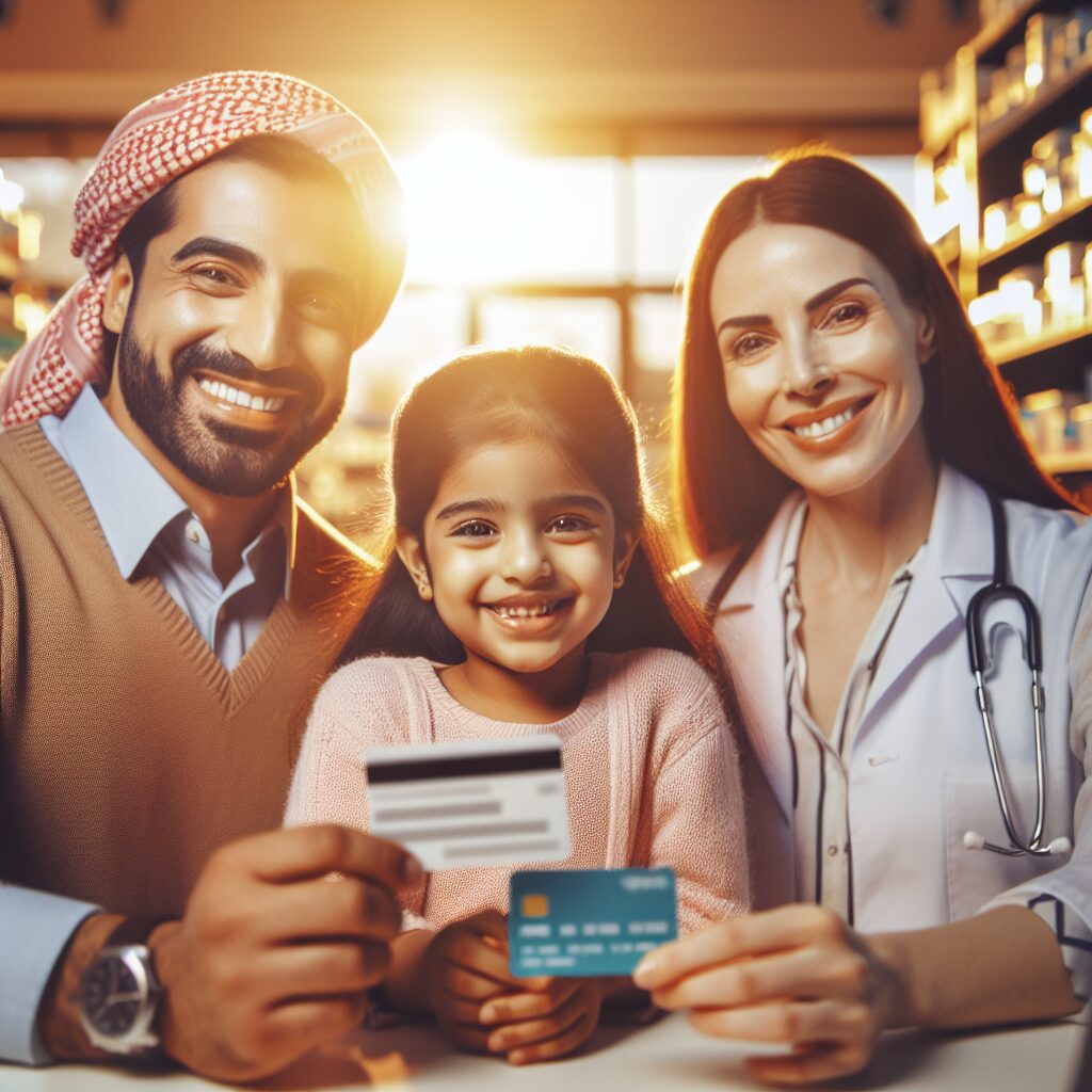 A family at a pharmacy counter, with both parents holding their respective health insurance cards, and a happy child receiving medical consultation. The context should emphasize cooperation between parents for healthcare management, showing modernity and accessibility in a warmly lit environment.